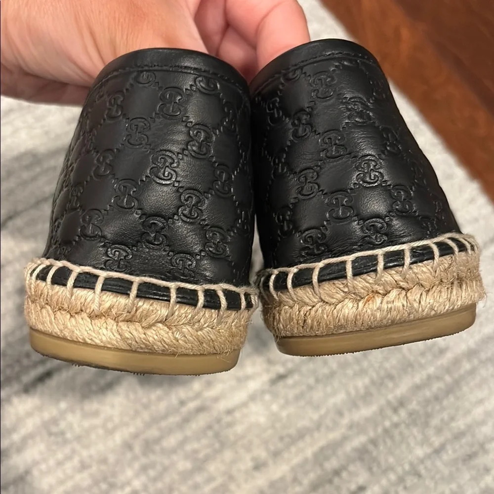 Gucci Black Leather Espadrilles with Natural Jute Trim